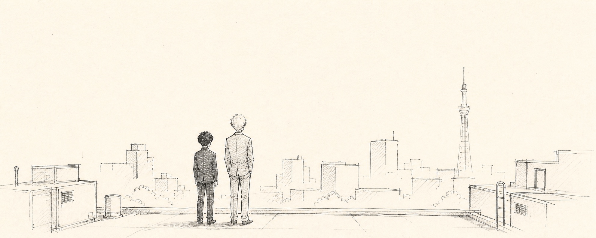 Loose hand-drawn sketch of Mob and Reigen looking over a city